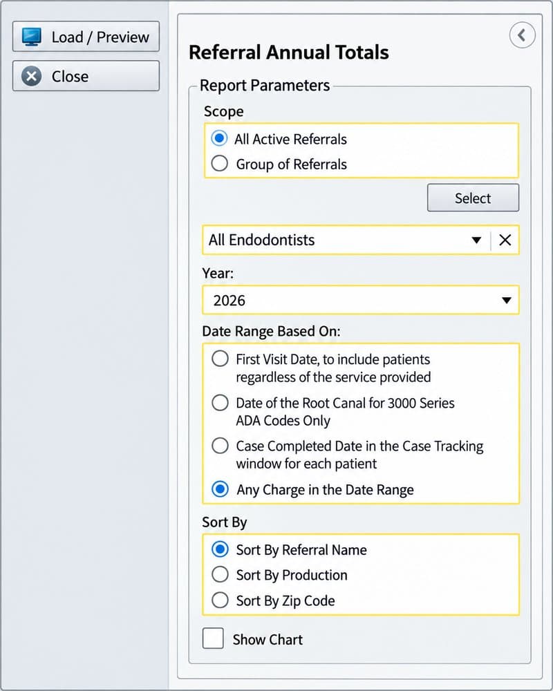 Referral Annual Totals settings with Any Charge in the Date Range selected
