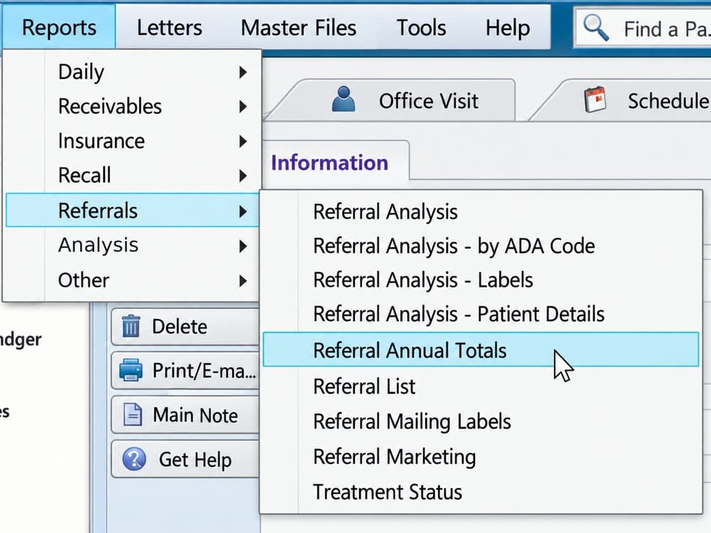 PBS Endo menu: Reports, then Referrals, then Referral Annual Totals